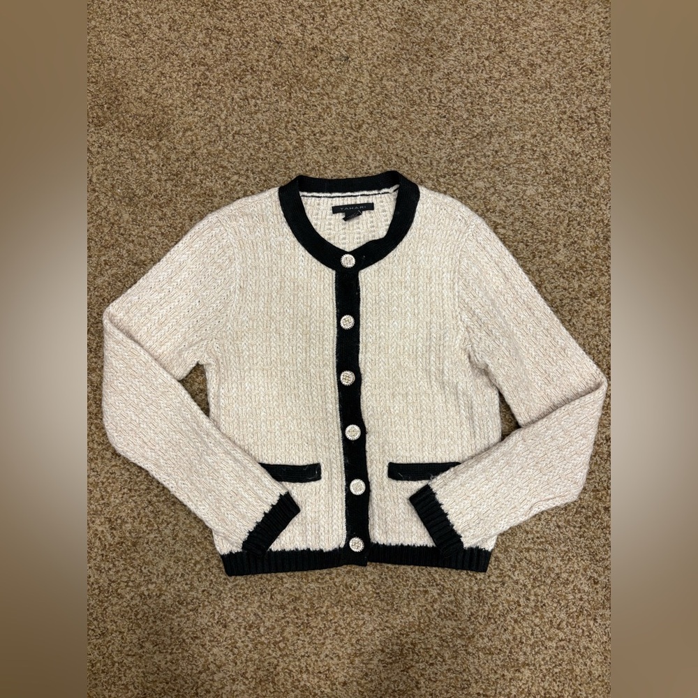 Tahari Cream & Black Tipped Cardigan Sweater